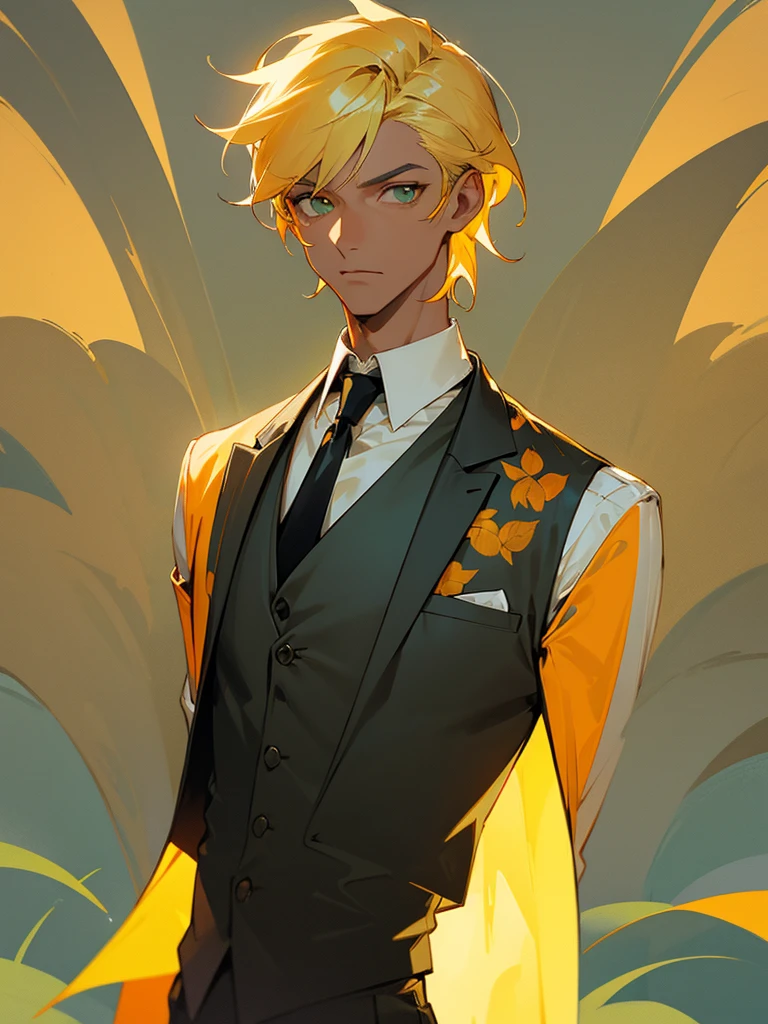 A man with slightly tanned skin, not too much, yellow hair with the hair on the nape of the neck a little orange, bright grayish green eyes. A white shirt rolled up, a grey vest and black tie, with sun print. With the background of a field at night