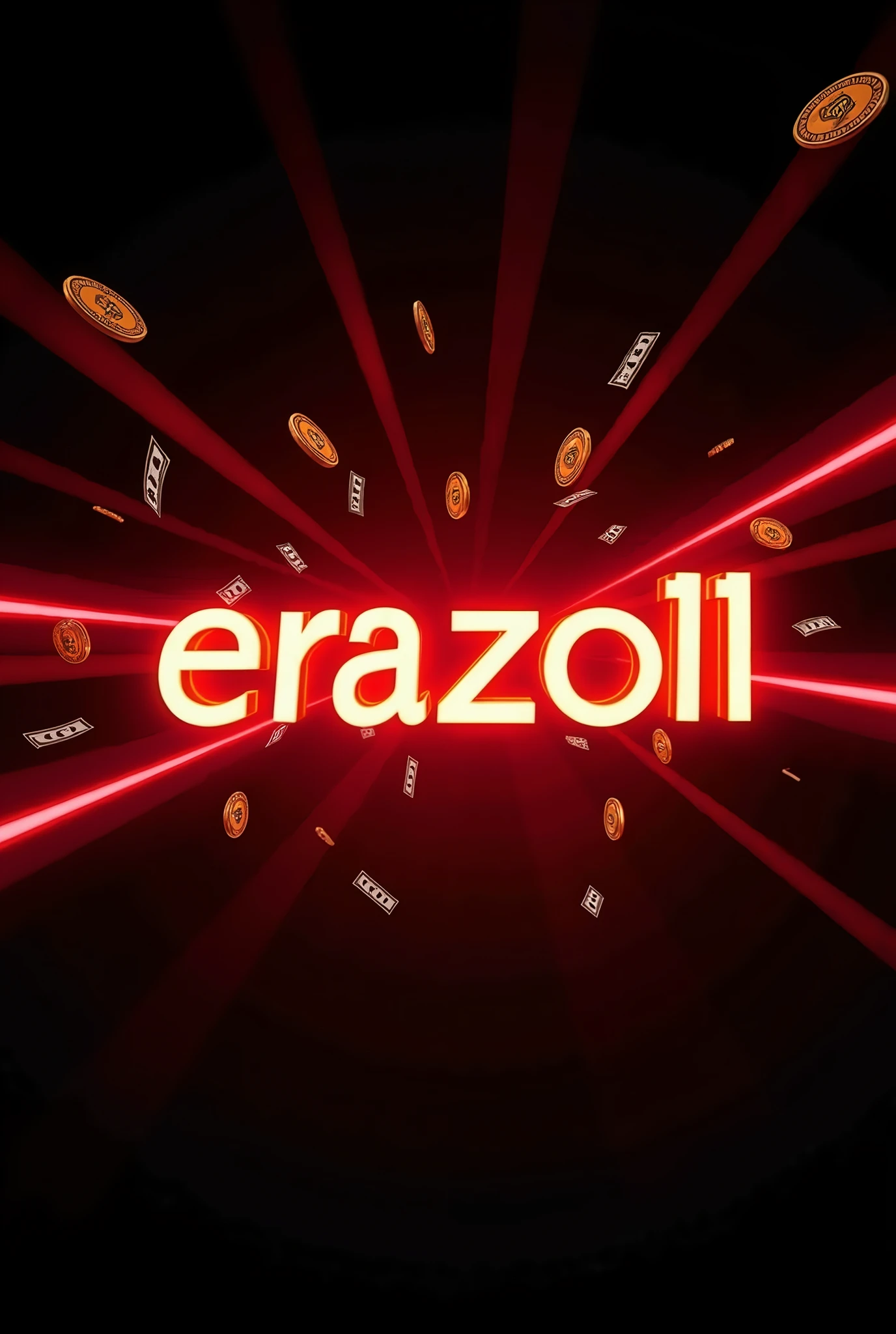 create a banner that says the name of ERAZO11 echo with red rays and with rays, with black background and money floating