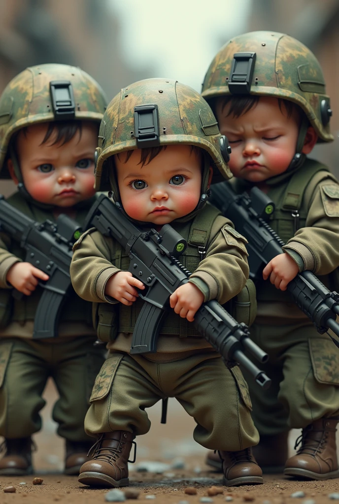 Cute  with serious face like army soldier with newborn babiy clothes and tactical helmets having military communication devices and carrying light and medium weapons holding a prisoner of war in real life realistic