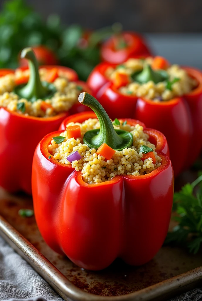 Create an image of this recipe: Quinoa and Vegetable Stuffed Peppers Ingredients:
- Large red peppers: 2 units - Quinoa: 100 g - Zucchini: 100 g - Carrot: 100 g - Onion: 50 g - Garlic: 10 g - Olive oil: 20 ml
- Sal: 5 g - Pepper: 2 g - Fresh parsley: 10 g Preparation:
1. Preheat the oven to 180°C.
2. Cook the quinoa in salted water for 15 minutes.. Drain and set aside.
3. Cut the tops off the peppers and remove the seeds.. reserve.
4. Chop the zucchini, carrot, Onion and garlic in small cubes.
5. In a frying pan, Heat the olive oil and fry the onion and garlic until golden..
6. Añade el calabacín y carrot, and cook for 5 more minutes.
7. Mix the sautéed vegetables with the cooked quinoa and season with salt., pepper and chopped fresh parsley.
8. Fill the peppers with the quinoa mixture and place them on a baking sheet..
9. Bake for 25-30 minutes, until the peppers are tender.
10. Serve hot, decorated with fresh parsley.
