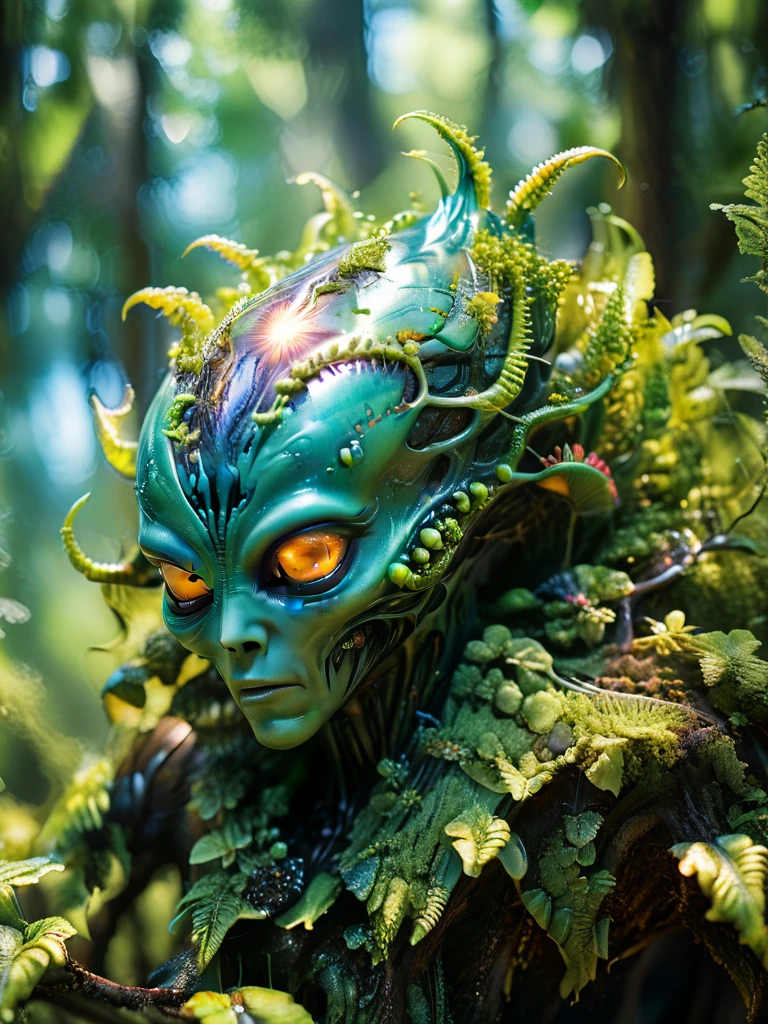 Alien flora, breeding on the trees, on another planet alien, Futuristic, foam, tactical, sleek, highly detailed forest, sunny day in forest, Miki Asai Macro photography, close-up, hyper detailed, trending on artstation, sharp focus, studio photo, highly detailed, macro photo, by greg rutkowski, intricate details, realistic, 8k, sharp details, masterpiece, artstation, Panoramic, iridescence, hdr, sun light, metallic, Ultra HDR,Realistic, Cinematic Portrait, Cinematic photography, Masterpiece 
