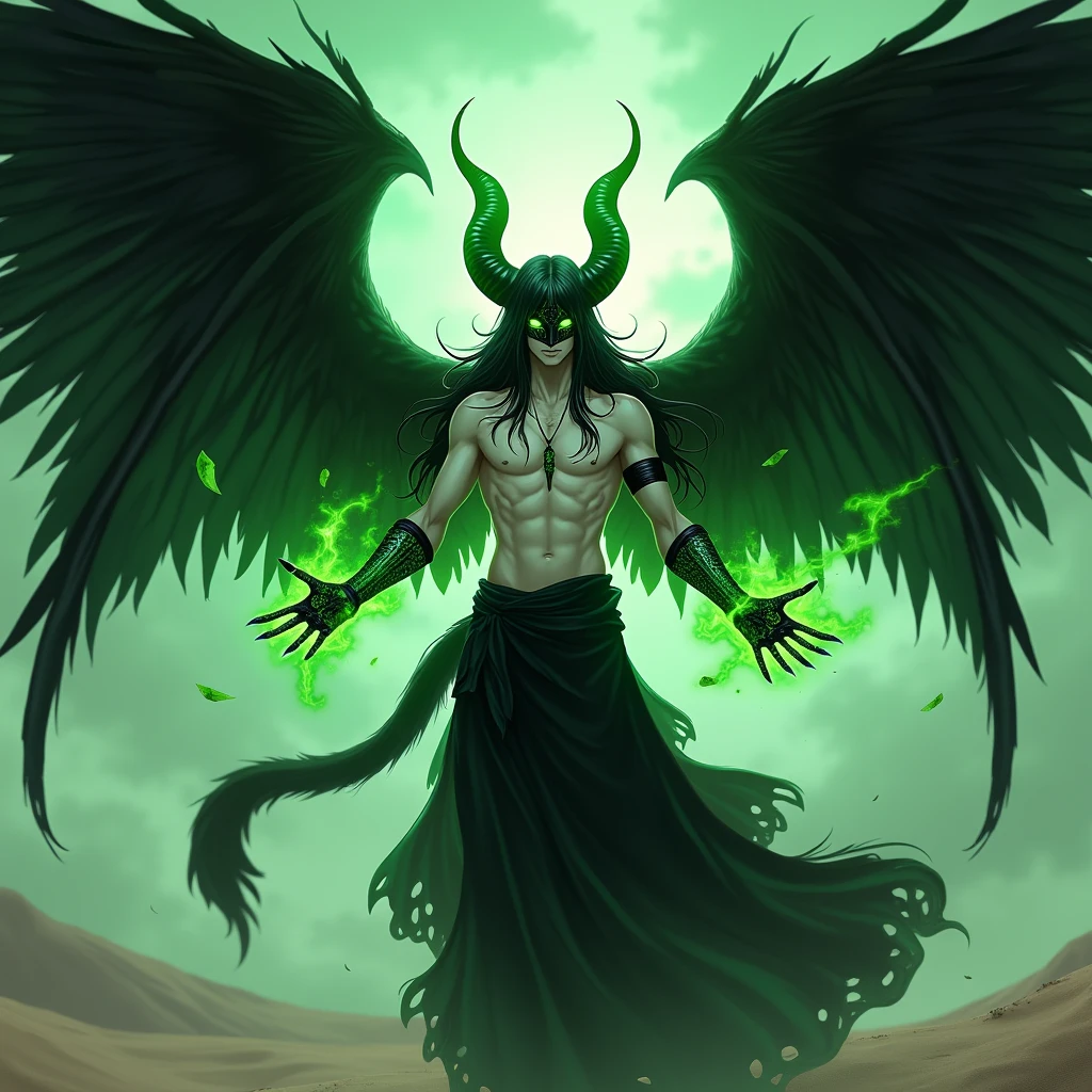 masterpiece, best quality, ultra high res, beatiful, stunning, elegant, incredible details, detailed, aura, flying feathers, (dark green theme:1.1), glowing green eyes, cinematic lighting, ultra-high quality, 8k, full body, man, long flowing black hair, handsome, pale white skin, Black long skirt, (no shirt, abs:1.1), green details, (Dark magical energy enveloping arms:1.4), looking at viewer, posing, charging a green energy with hands, cifer ulquiorra, big claws, (full face black mask with green runes:1.2), (4 big angelical black wings:1.3), (angelical black halo:1.25), (big black demonic tail:1.2), desert background, solo, crazy looking, menacing, (anime style:1.5)