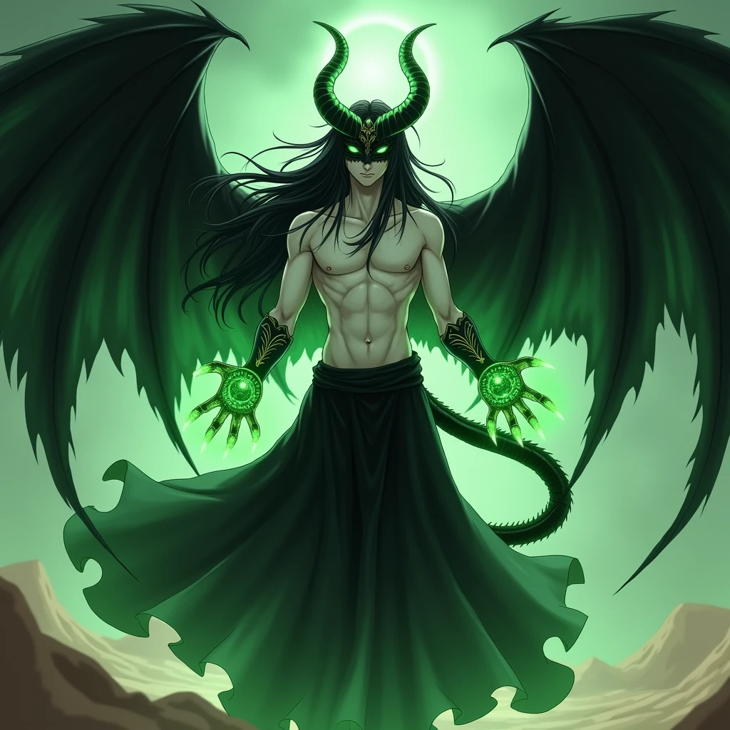masterpiece, best quality, ultra high res, beatiful, stunning, elegant, incredible details, detailed, aura, flying feathers, (dark green theme:1.1), glowing green eyes, cinematic lighting, ultra-high quality, 8k, full body, man, long flowing black hair, handsome, pale white skin, Black long skirt, (no shirt, abs:1.1), green details, (Dark magical energy enveloping arms:1.4), looking at viewer, posing, charging a green energy with hands, cifer ulquiorra, big claws, (full face black mask with green runes:1.2), (large black seraphim angel wings:1.3), (angelical black halo:1.25), (big black demonic tail:1.2), desert background, solo, crazy looking, menacing, (anime style:1.5)