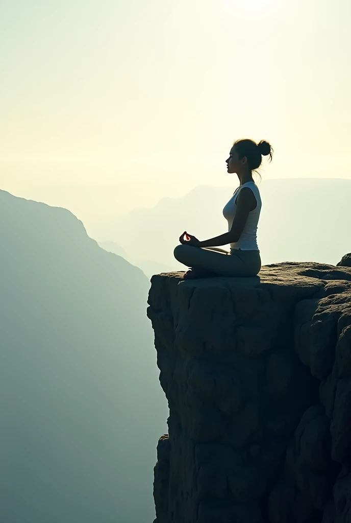 Woman meditating, on the edge of a cliff, person against the light, only the shadow