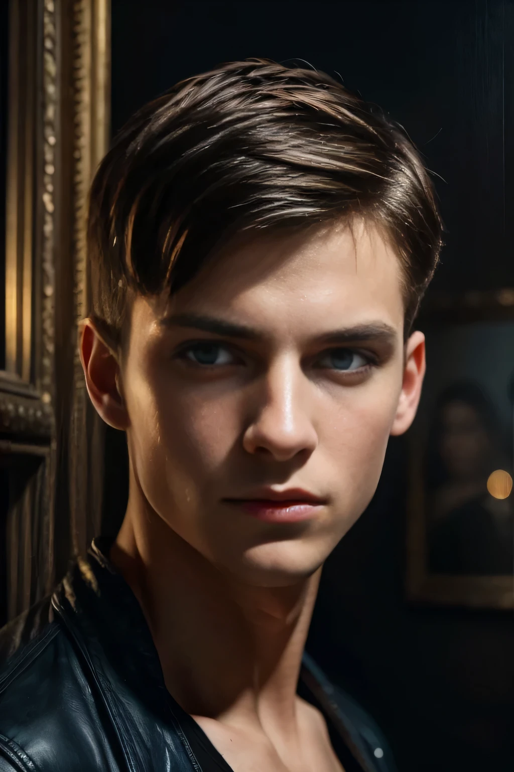 a young man with short hair, beautiful blue eyes, serene expression, looking directly at the camera, highly detailed portrait, oil painting, exquisite brushstrokes, warm lighting, glowing skin, hyper realistic, cinematic composition, dramatic chiaroscuro, moody color palette
