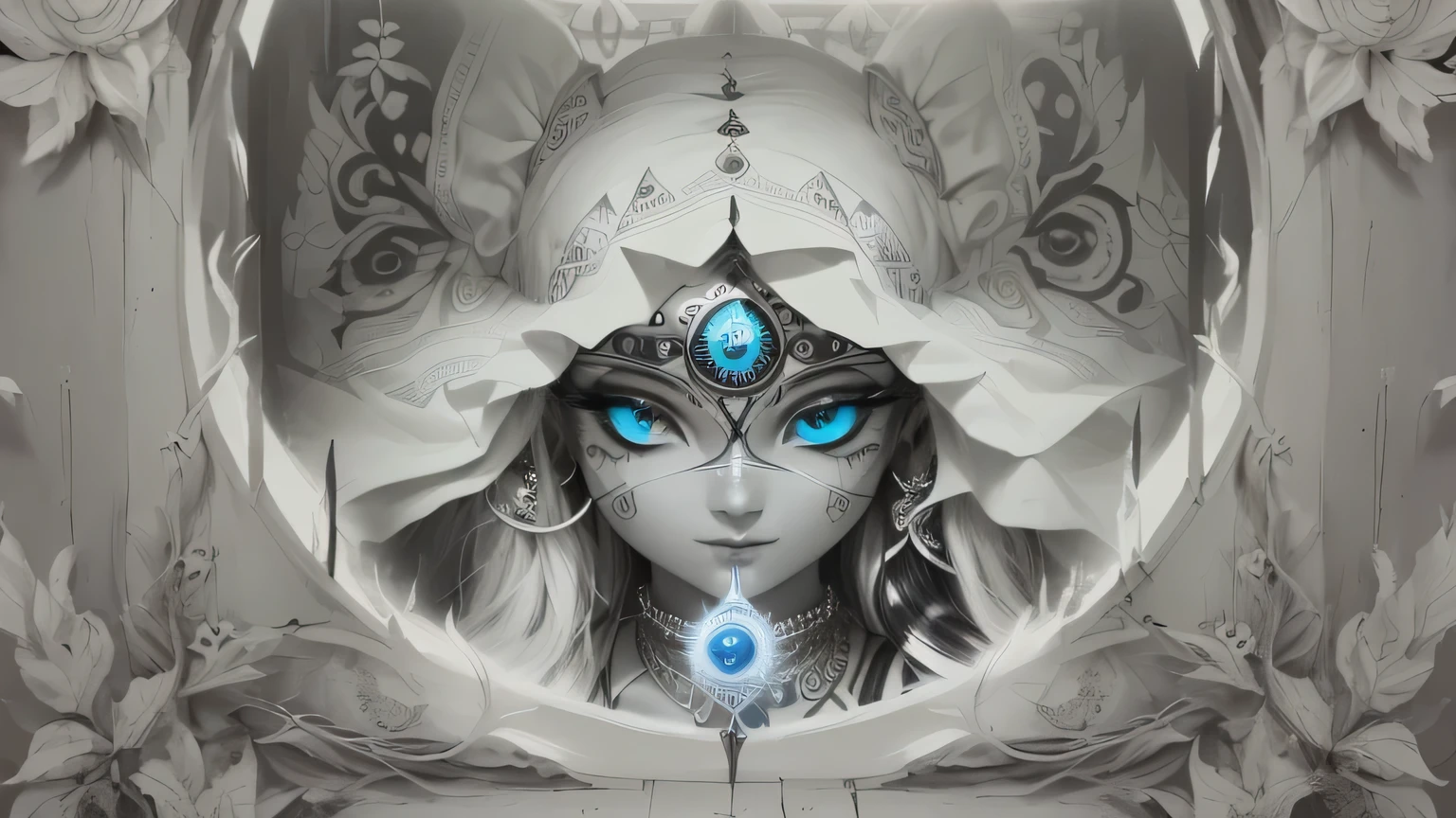 a close-up of a black and white photograph of a window, abrindo o third eye, wedjat eye, THE EYE THAT SEES EVERYTHING, Índia third eye tika, third eye no middle of the forehead, third eye, middle of the forehead, Hidden silver mask of full face, very grainy image, ( THE EYE THAT SEES EVERYTHING ), Índia tika third eye, vhs screenshot, THE EYE THAT SEES EVERYTHING