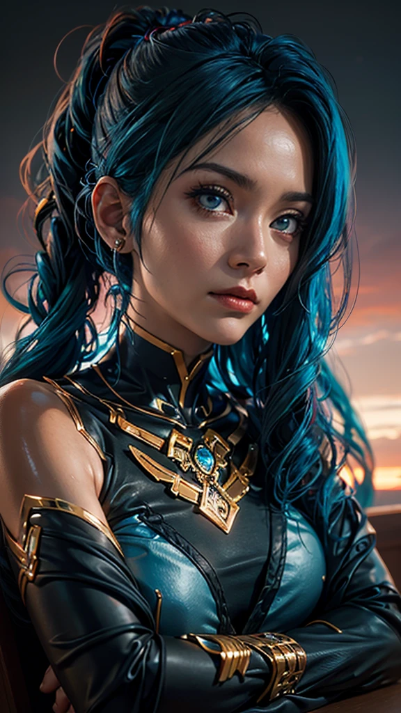 A captivating portrait of a young woman with electric blue hair and intricate tattoos adorned across her arms, gazing intently upwards and to the right, her neutral expression hinting at a thoughtful or contemplative demeanor. The scene is set against a backdrop of twilight, with a vibrant sunset casting warm, golden hues and creating a sense of mystery and intrigue. The woman's piercing blue eyes seem to hold a world of secrets, inviting the viewer to delve deeper into her story.