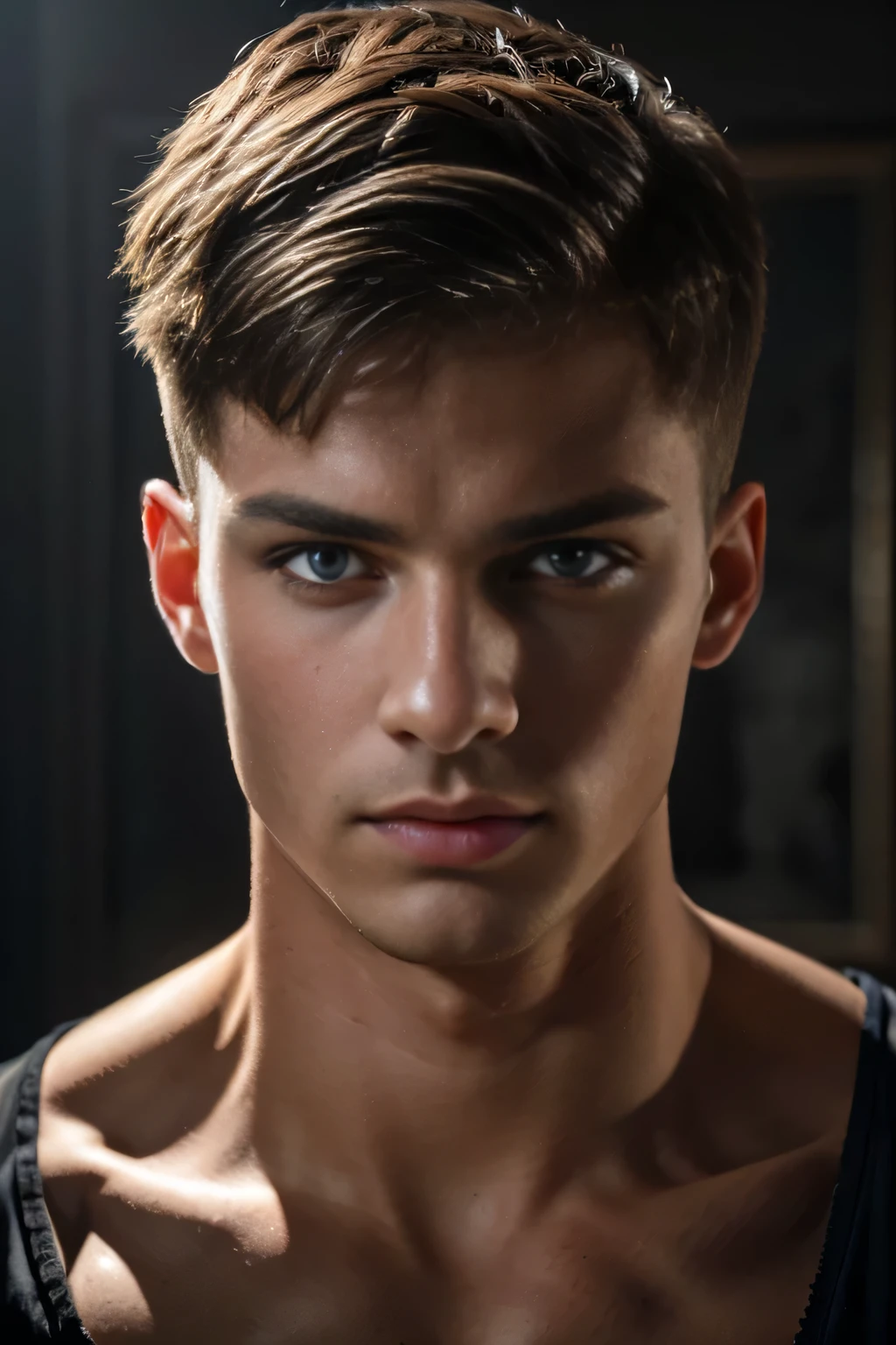 a young man with short hair, beautiful blue eyes, serene expression, looking directly at the camera, highly detailed portrait, oil painting, exquisite brushstrokes, warm lighting, glowing skin, hyper realistic, cinematic composition, dramatic chiaroscuro, moody color palette