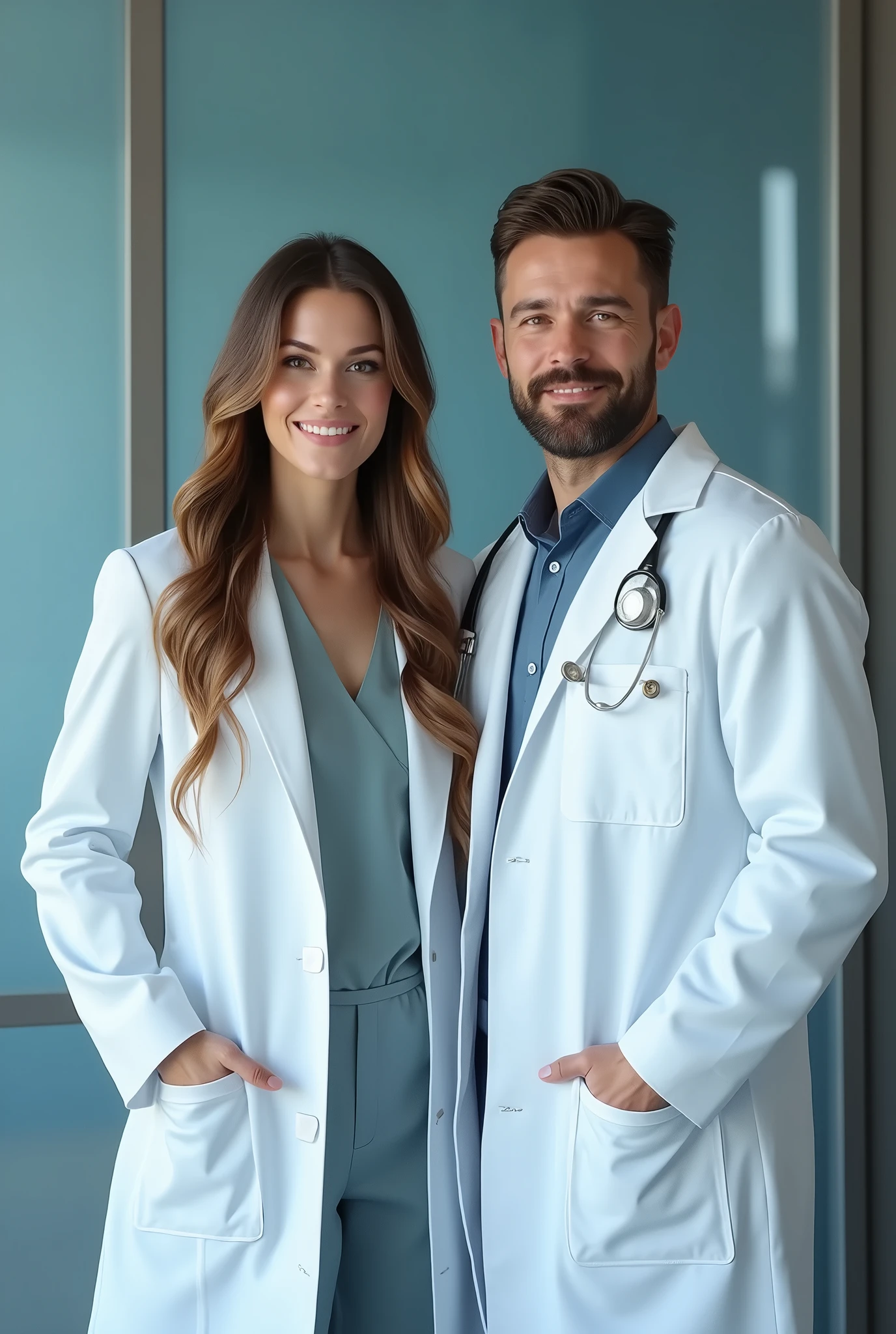 (photorealism:1.2), no esthetoscopes, beautiful female radiologist, standing confidently in a pleasant blue an grey backgound, wearing a tailored white lab coat, long straight hair, standing next a male radiologist, welcoming personality, wearing tailored white lab coat, indoors, soft lighting, realistic, intricate details, soft cold colors