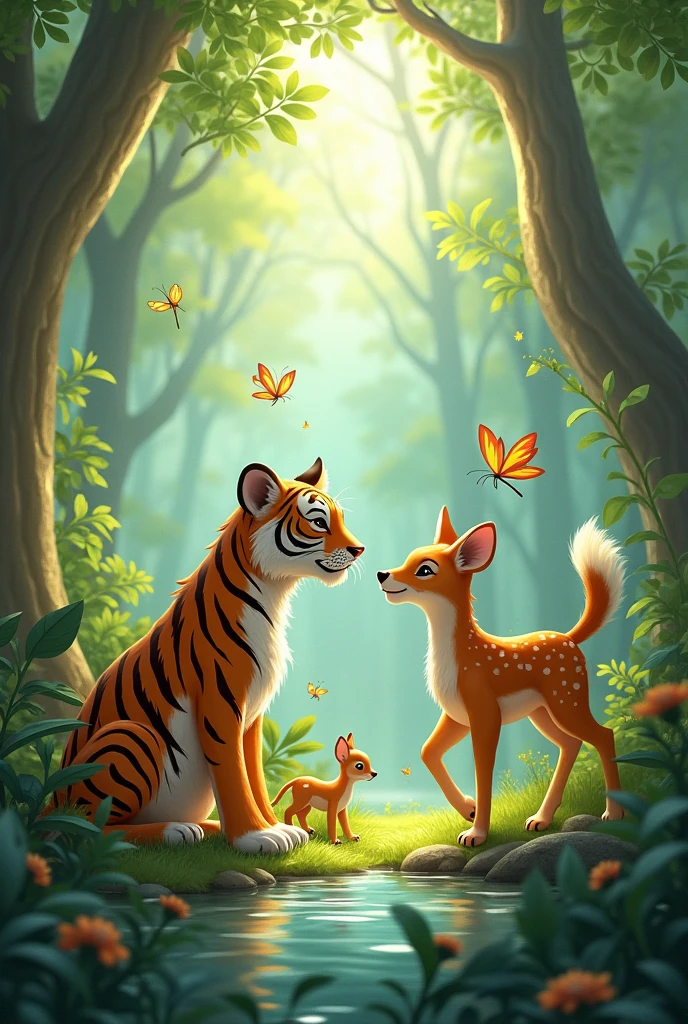 A young tiger, a wolf, a butterfly, and a fawn happily in a forest with a dragonfly