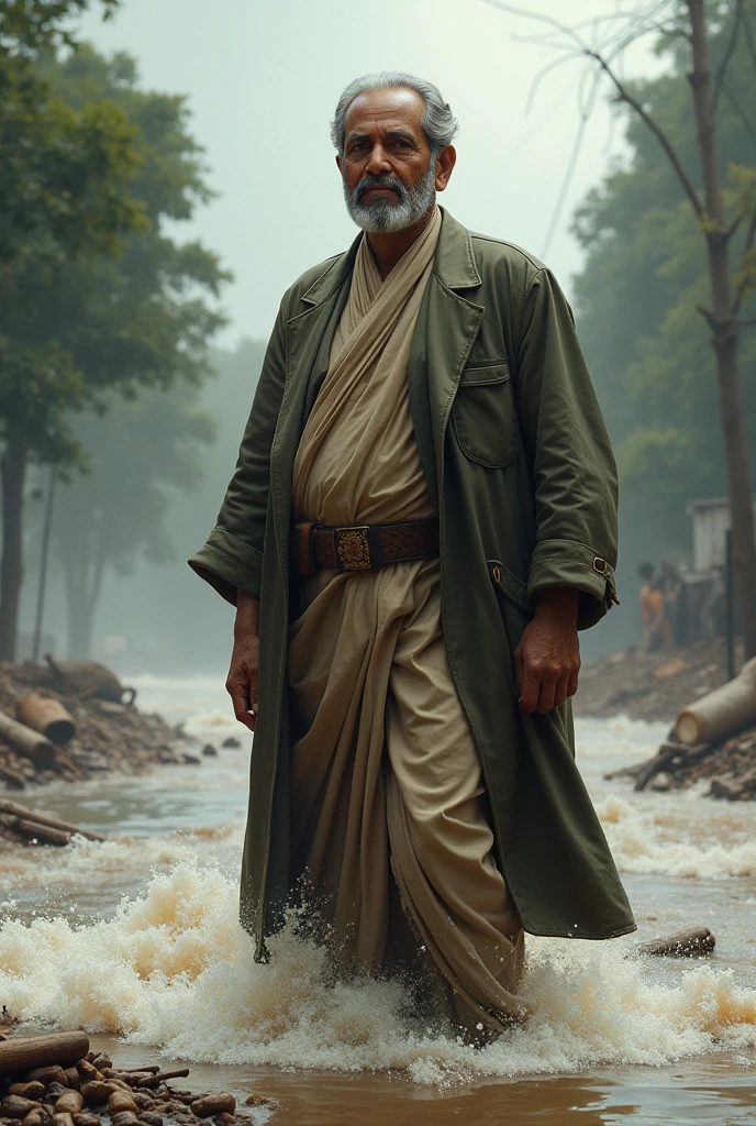 Sheikh Mujibur Rahman in flood of Bangladesh with wearing longy and mojib Court