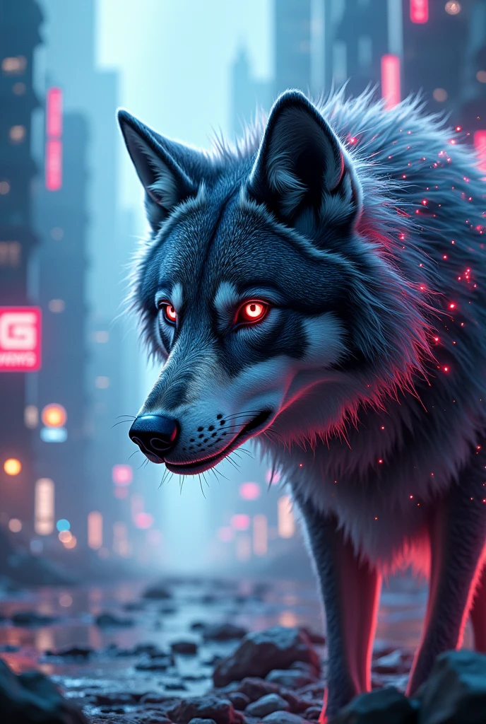 Twitch profile banner with video game and wolf elements in a futuristic style