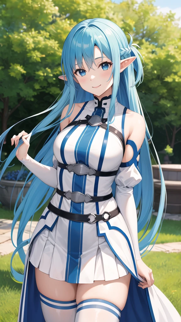 masterpiece, best quality, highres, bbasuna, long hair, blue hair, blue eyes, pointy ears, white dress, detached sleeves, blue thighhighs, standing, cowboy shot, outdoors, smile,