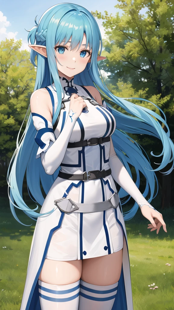 masterpiece, best quality, highres, bbasuna, long hair, blue hair, blue eyes, pointy ears, white dress, detached sleeves, blue thighhighs, standing, cowboy shot, outdoors, smile,