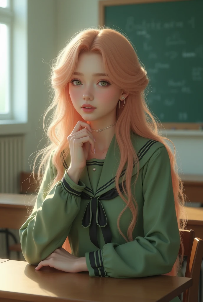 She has very long wavy peach colored hair very low, Her eyes are light pink and she also has a heart ring on her fingers. She wears a schoolgirl uniform that is green in tone and she is sitting in a classroom chair.
