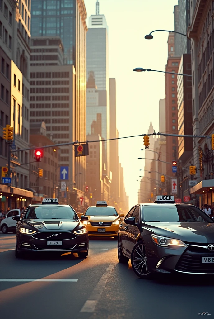 2 Uber cars and another taxi in the city