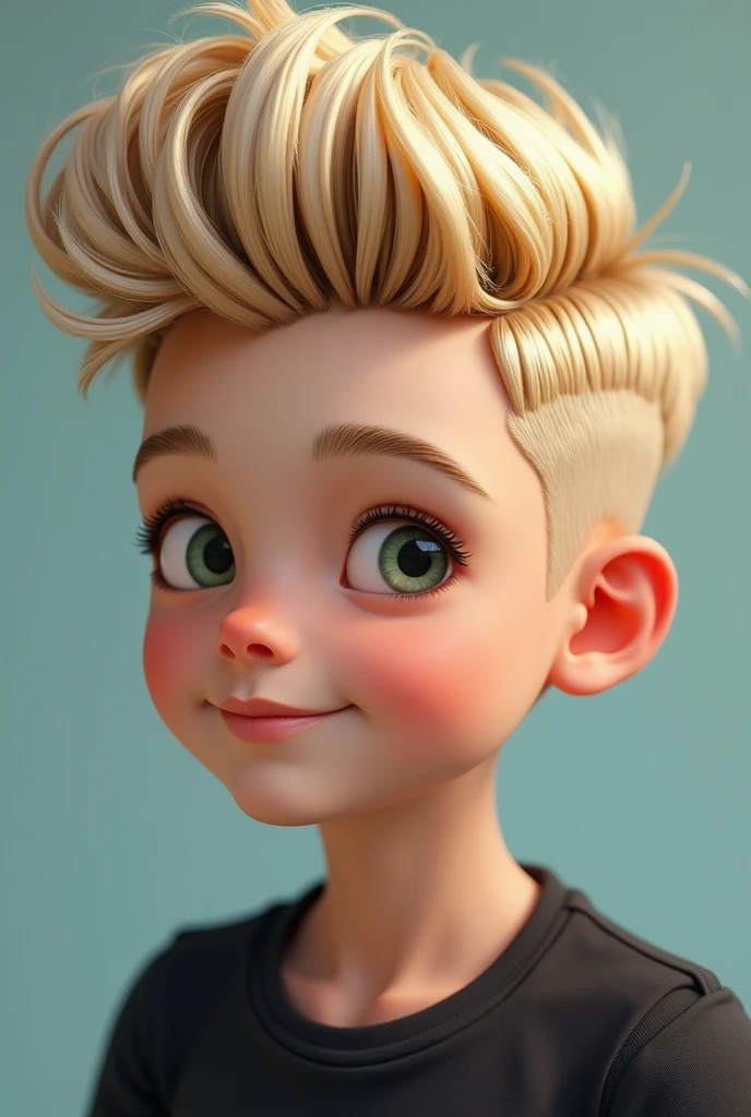 Model boy kid with blonde hair is styled in a modern and trendy manner, with a voluminous top that is swept to one side and slightly textured. The sides are closely trimmed, creating a contrast with the longer hair on
