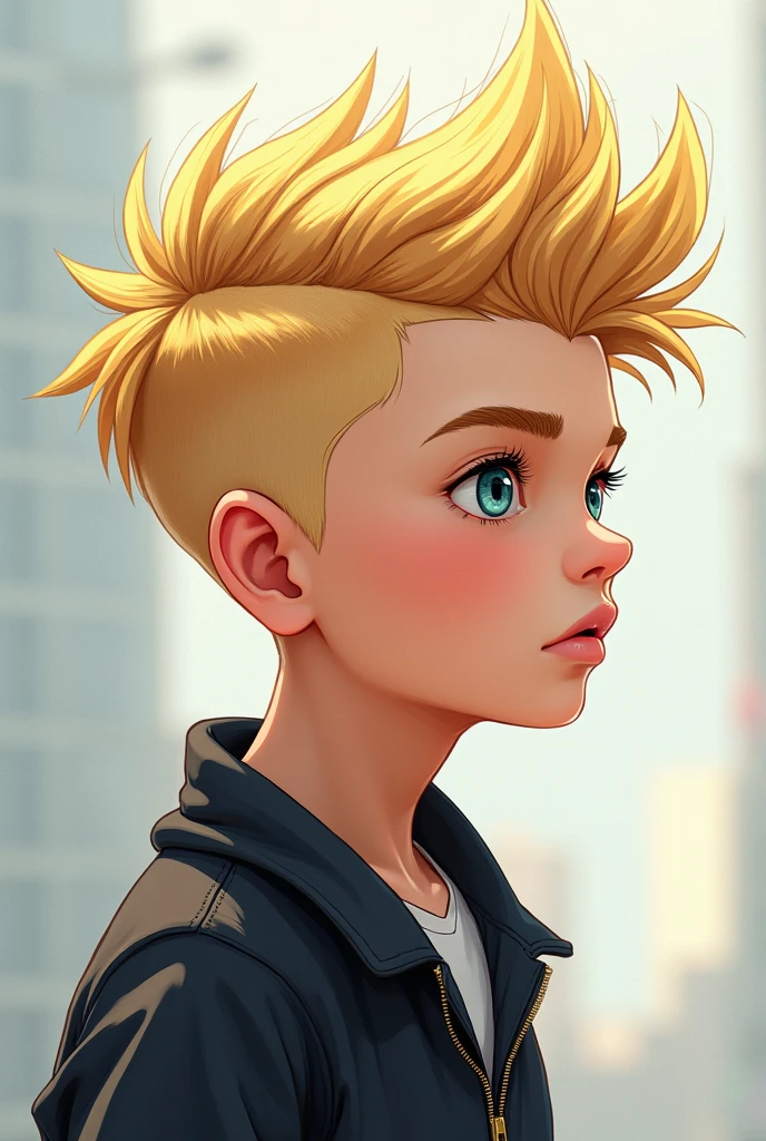 Model boy kid  with blonde hair is styled in a modern and trendy manner, with a voluminous top that is swept to one side and slightly textured. The sides are closely trimmed, creating a contrast with the longer hair on 
