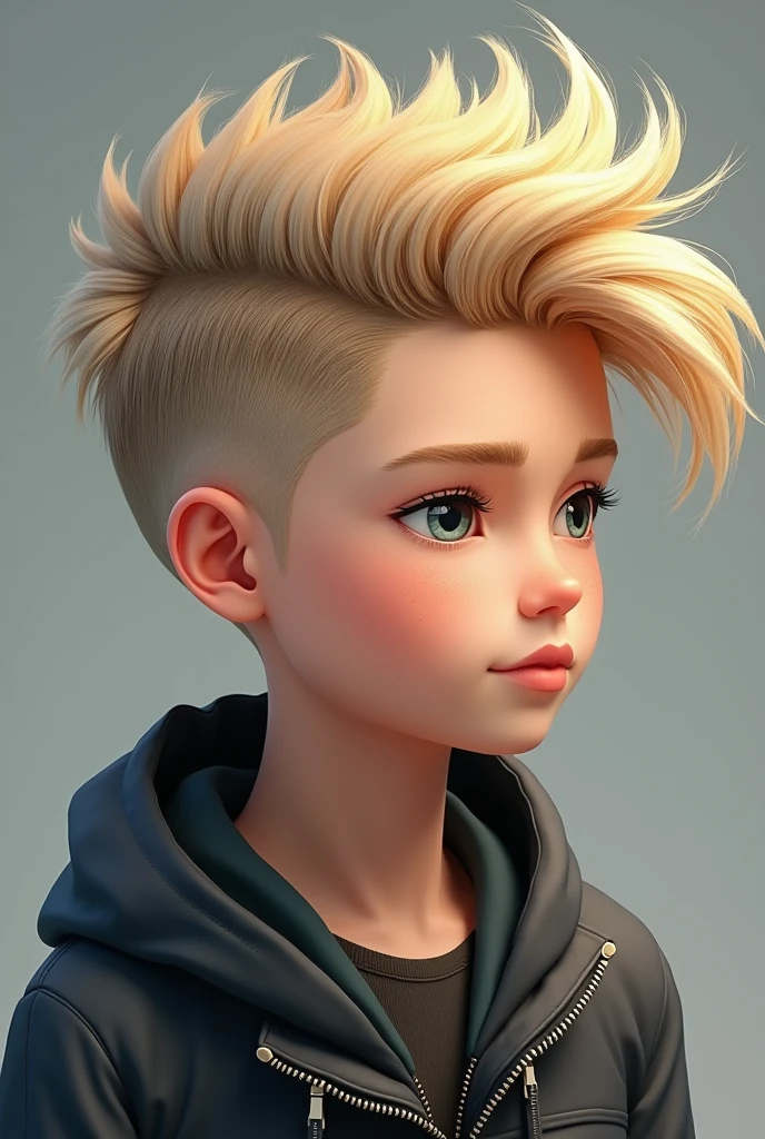 Model boy with blonde hair is styled in a modern and trendy manner, with a voluminous top that is swept to one side and slightly textured. The sides are closely trimmed, creating a contrast with the longer hair on