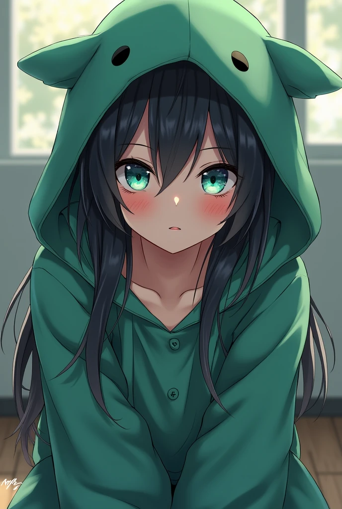 a long black-haired, teal blue-eyed anime boy, wearing a cute green animal hoodie, cover head, long black hair, shy, blush, front view, knees down, overlook, beautiful, masterpiece, best quality, (((hot))) (((sexy)) (((sexy pose)))) (((hot))))