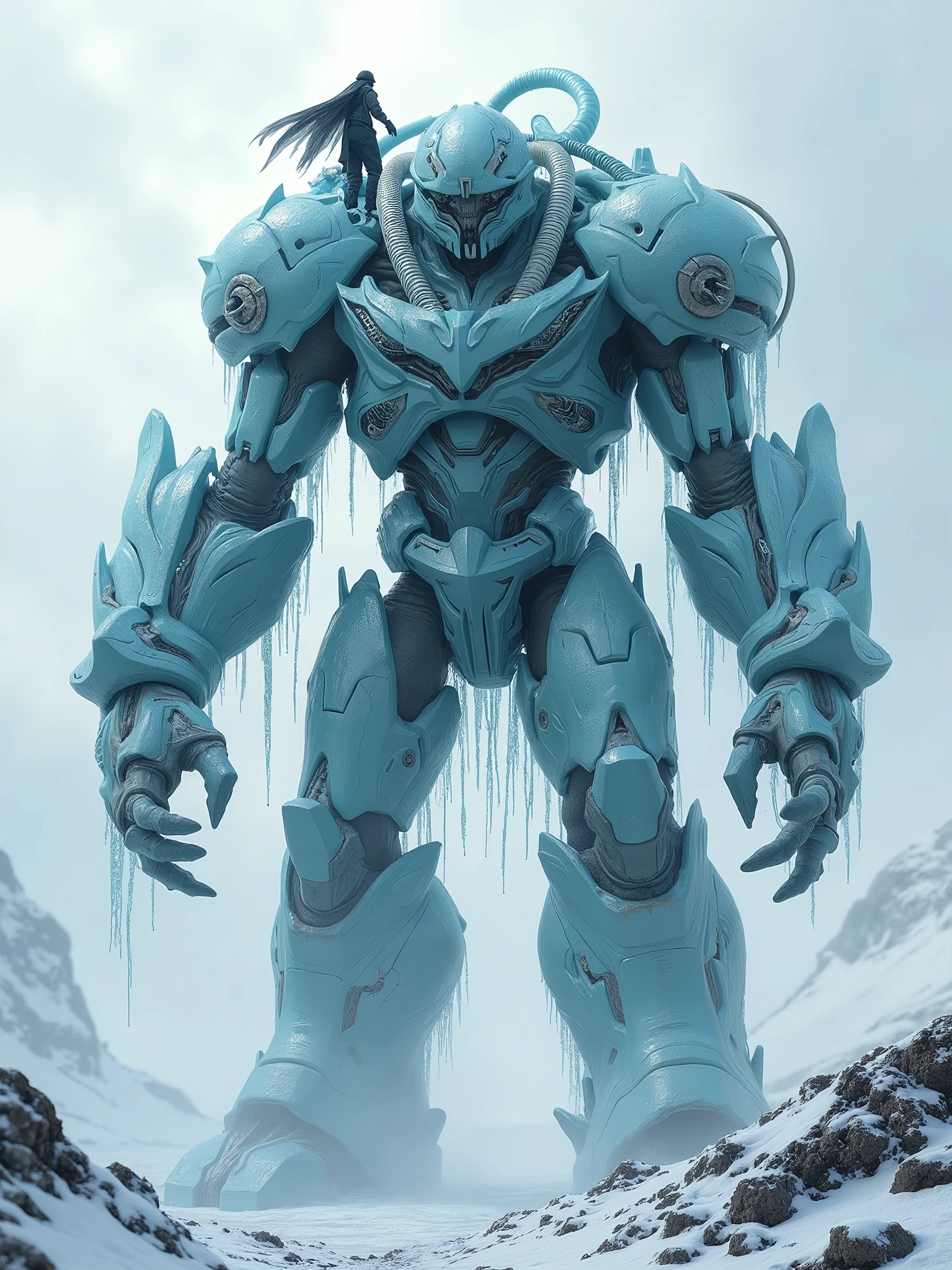 A man deformed into a humanoid ice mutant, wears a shiny ice-themed armor filled with tubes. He is very tall, 2.10 meters, ((has a device on his back similar to a backpack, a person on his back)) his companion, who fights on his back while he is trapped on his back