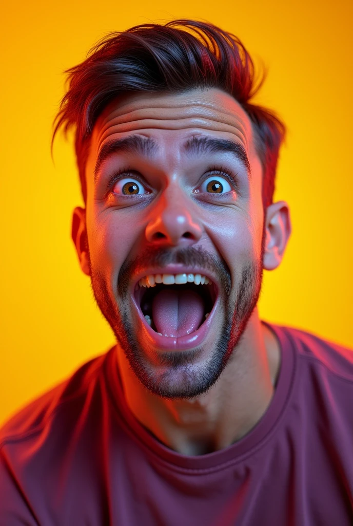 A dynamic close-up of a man in his early 30s with a sharp jawline, expressive eyes, and neatly combed hair. He's wearing a fitted t-shirt and has a slightly exaggerated expression of surprise or excitement, with a brightly colored, high-contrast background."