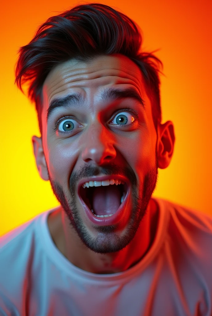 A dynamic close-up of a man in his early 30s with a sharp jawline, expressive eyes, and neatly combed hair. He's wearing a fitted t-shirt and has a slightly exaggerated expression of surprise or excitement, with a brightly colored, high-contrast background."
