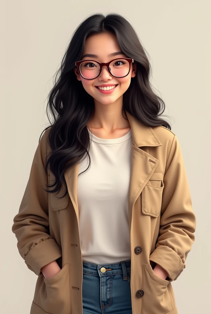 woman long black hair glasses smile decent clothes with white full body avatar brunette chubby