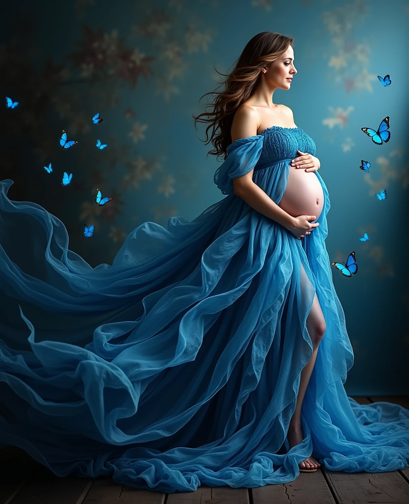 pregnant woman in blue dress with butterflies flying around her, maternal photography 4 k, blue swirling dress, belly free teal dress, inspired by Cynthia Sheppard, pregnant belly, modeling photography, dressed in blue, gorgeous and beautiful, rich blue colors, beautiful gown, profile pic, by Elena ????, captivating and enticing, fine art fashion photography, cover shot, stylized