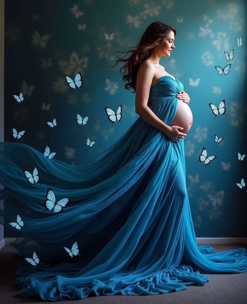 pregnant woman in blue dress with butterflies flying around her, maternal photography 4 k, blue swirling dress, belly free teal dress, inspired by Cynthia Sheppard, pregnant belly, modeling photography, dressed in blue, gorgeous and beautiful, rich blue colors, beautiful gown, profile pic, by Elena Guro, captivating and enticing, fine art fashion photography, cover shot, stylized