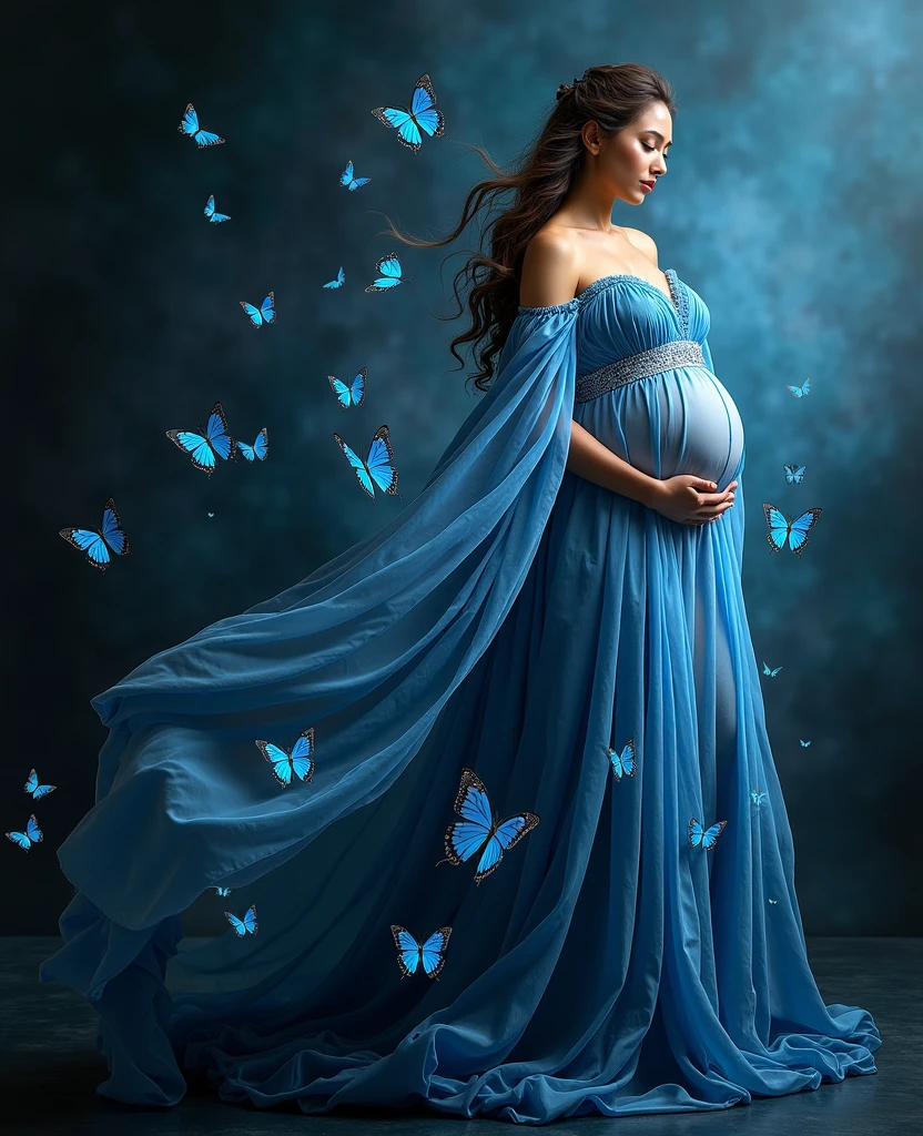 pregnant woman in blue dress with erflies flying around her, maternal photography 4 k, blue swirling dress, belly free teal dress, inspired by Cynthia Sheppard, pregnant belly, modeling photography, dressed in blue, gorgeous and beautiful, rich blue colors, beautiful gown, profile pic, by Elena Guroptivating and enticing, fine art fashion photography, cover shot, stylized
