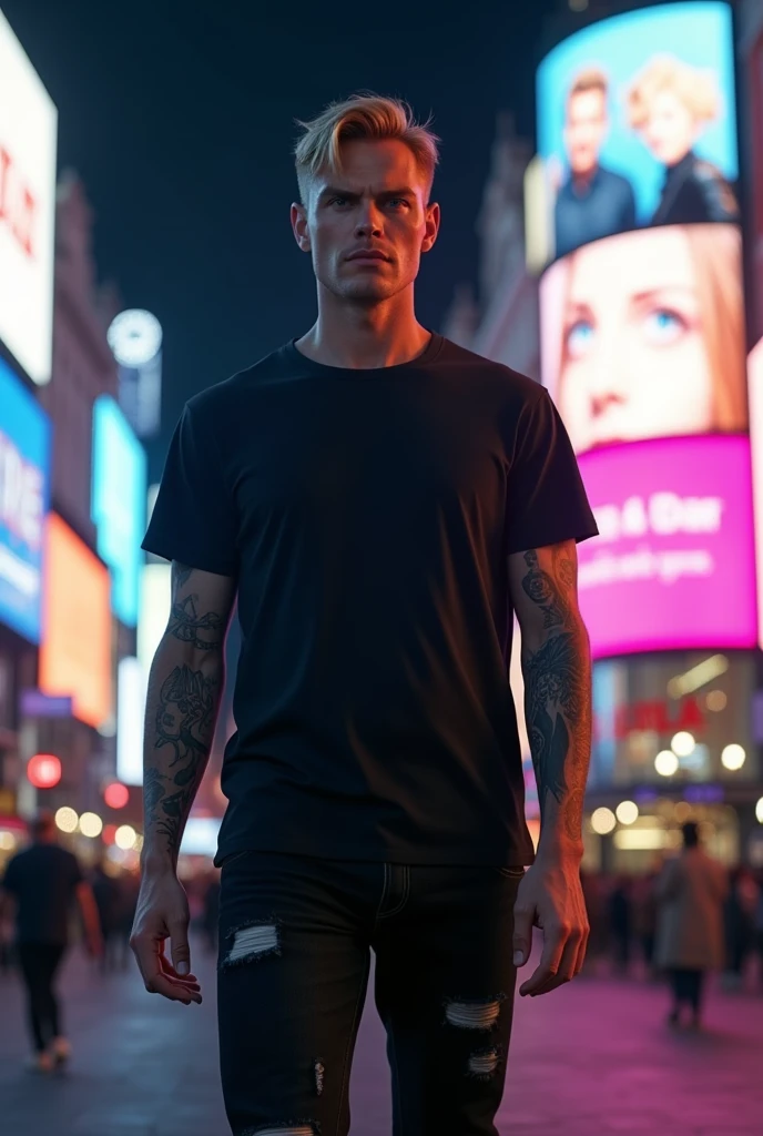 Tall Swedish Man 1,92 tall, age 26. White Caucasian pale skin. Looks like Bill Skarsgard. stylish short hair, vintage. tattoos on the body. BIG BLUE EYES. Shaved. Wearing an oversized black t-shirt, oversized. Rock style , Ripped black jeans. In front of Picadilly Circus, london at night