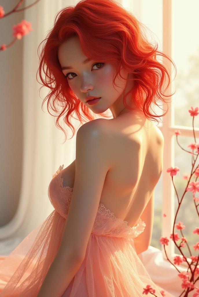cute、Japanese、Hair is red and mesh、naked