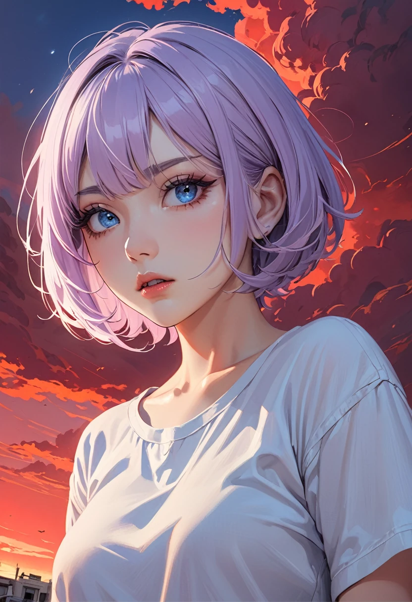((best quality)), ((Masterpiece)), (details), Young woman, alone, ( light purple hair, blue eyes, ((short hair)) , beautiful face, Beautiful skin, Long eyelashes, Thick eyelashes) , look at the sky,Wear casual clothes, Red Sky, Dangerous situation, disaster,