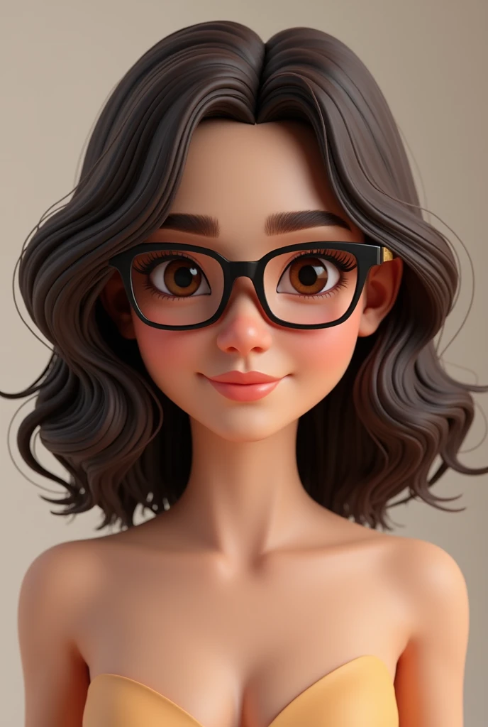 3d brunette girl with wavy dark brown hair, With glasses