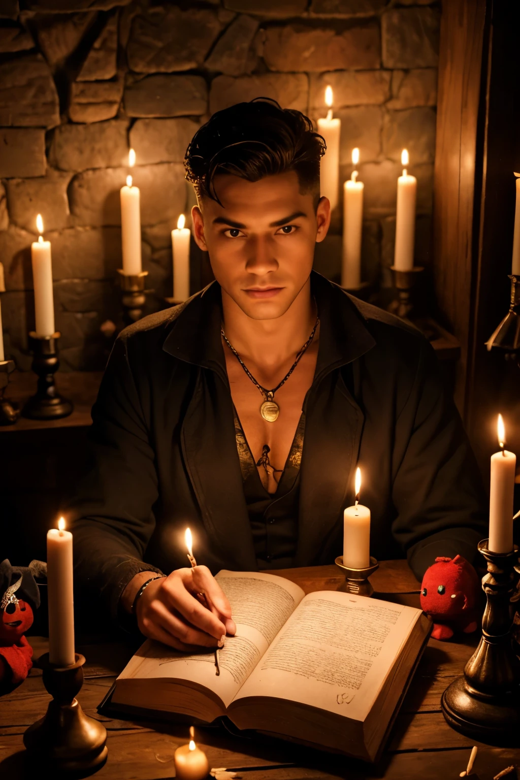 I need a man where the background is shown with candles behind and witchcraft books with voodoo dolls in the background realistic to the human eye
