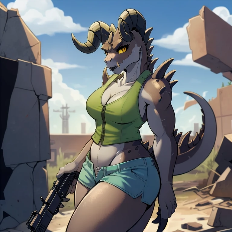 Solo, score_9,score_8_up,score_7_up, source_anime, aegis, kemono style, aegis, Anthro reptile girl, snout, green, (scaled skin), yellow eyes, black lips, black ram horns, tail, black lips, tall, Anthro deathclaw from fallout, deathclaw girl, (best quality), (4k), bulletproof vest, holding a rusty gun, blue shorts, in a ruined city, looking at viewer, 