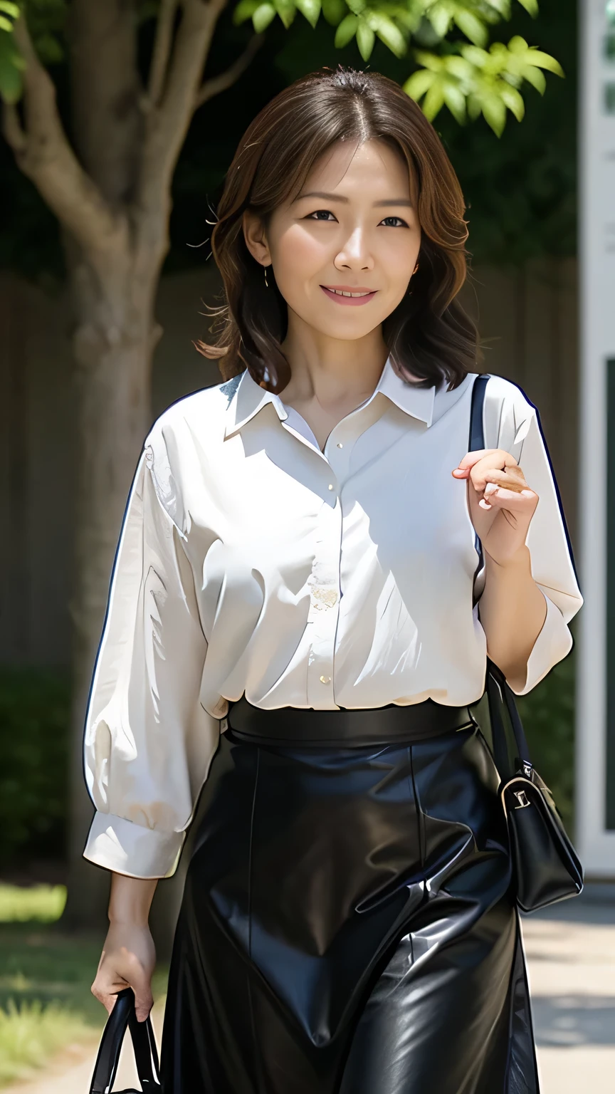 uhd, masterpiece, super detail, best quality, 16K, Cowboy Shot、Japanese Mother（40 years old）Photographs of the daily life of、
Bob Cut Hair、Brown Hair、
Casual yet elegant style。
A shiny white blouse unbuttoned all the way to the chest、Shiny black leather long skirt、I&#39;m wearing pumps。
Smiling kindly。
I have an eco bag in one hand。
This is a scene of a walk in the shade at the entrance to a park where sunlight is streaming in.。