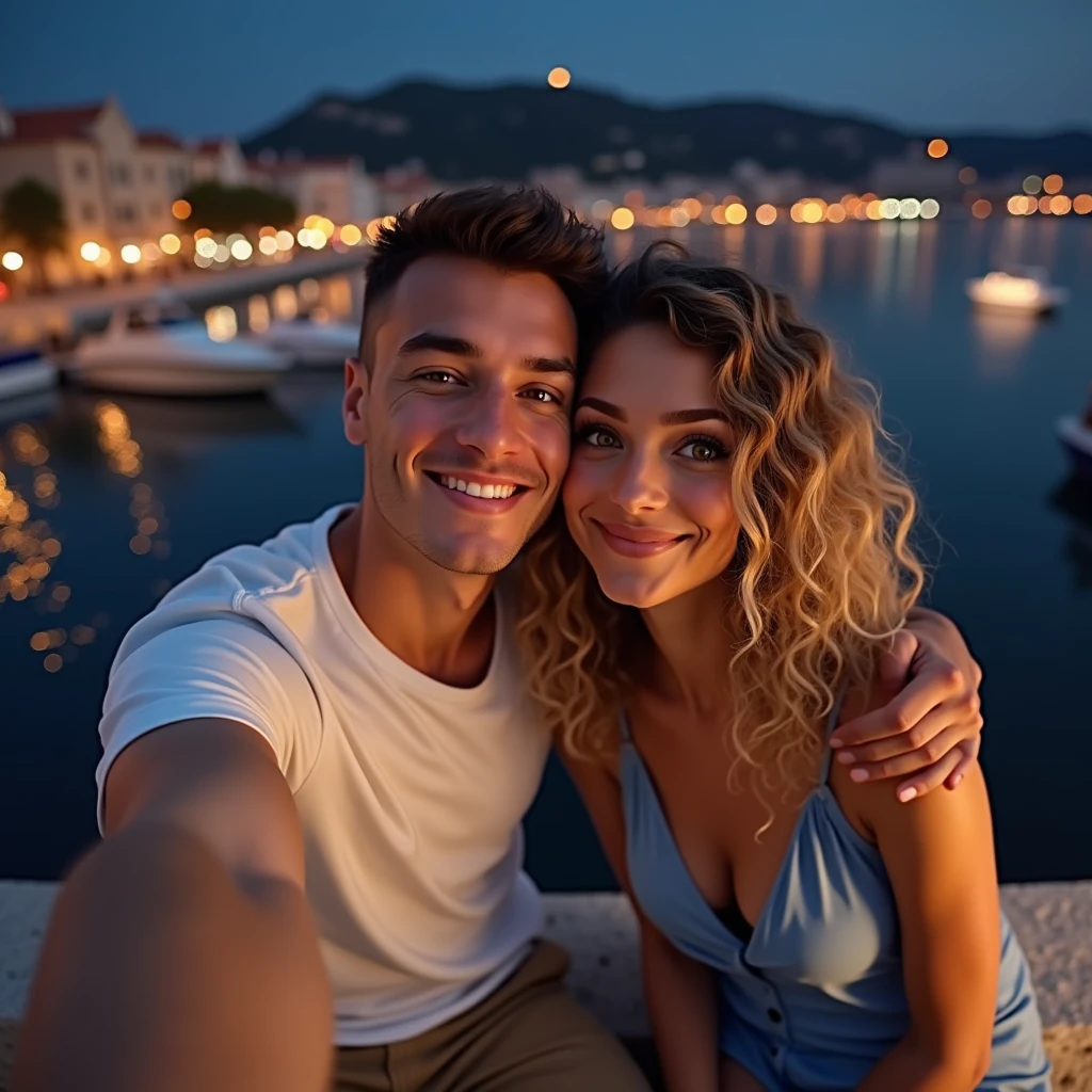 Two friends take a selfie, a White male man, 30's, brown eyes, buzz cut hair style, he wears a white T-shirt and beige pants,
 A woman Toffee color skin, beautiful toffee mixed woman with long blond curly hair and extremely detailled clear yellow eyes, middle body, she wears a simple blue dress, They take a selfie,They are sitting on a stone wall with a view of a port at night