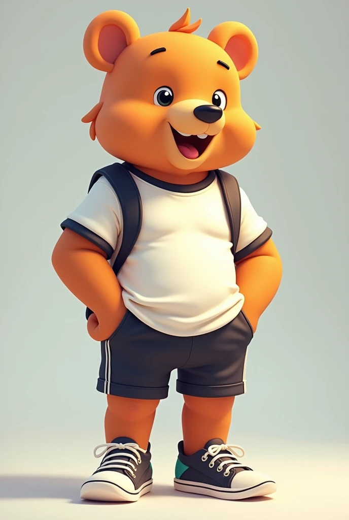 cartoon character, DISNEY STYLE profile, BEAR slim and sporty FULL BODY PROFILE. The bear is sporty and wears sportswear with a T-shirt., shorts and sneakers. high profile that works for a school character, 2D CHARACTER HIGH COMPLEXION
