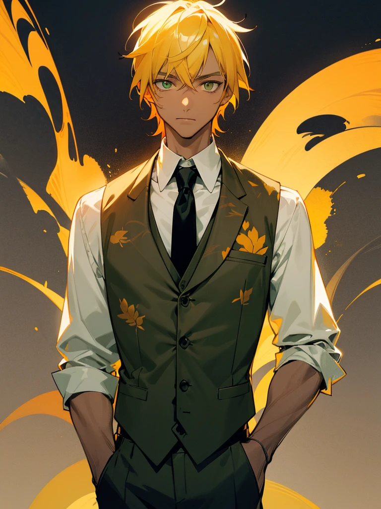 A man with slightly tanned skin, not too much, yellow hair with the hair on the nape of the neck a little orange, bright grayish green eyes. A white shirt rolled up, a grey vest and black tie, with sun print. With the background of a field at night