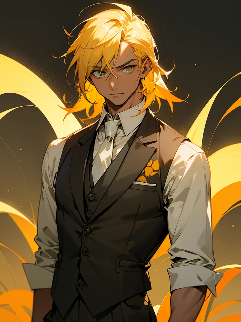 A man with slightly tanned skin, not too much, yellow hair with the hair on the nape of the neck a little orange, bright grayish green eyes. A white shirt rolled up, a grey vest and black tie, with sun print. With the background of a field at night