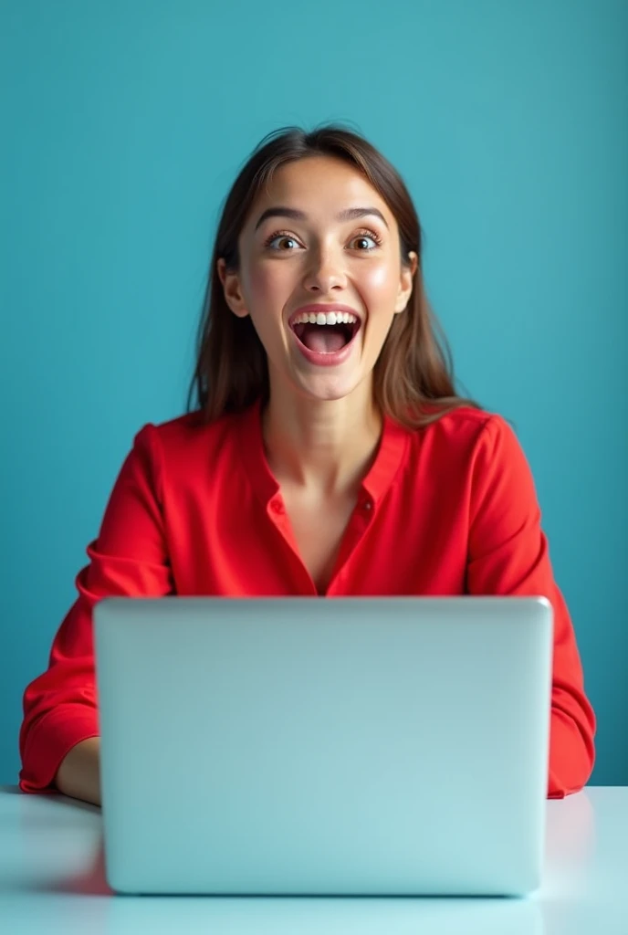 Beautiful surprised and happy woman shopping online on a laptop on a blue background with a red blouse