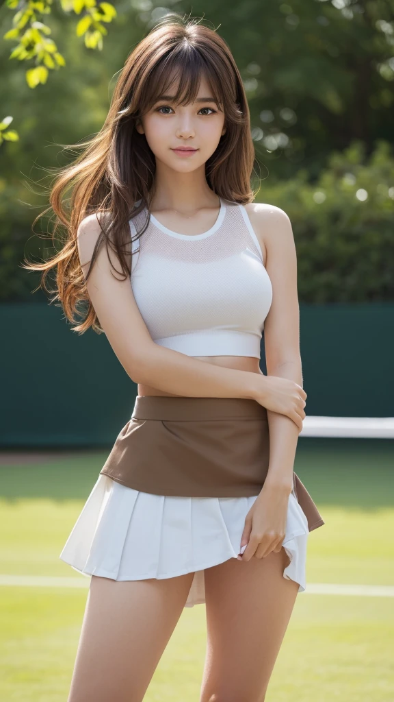 masterpiece, Highest quality,Very detailed,High resolution,(Realistic, photoRealistic:1.37),Excellent anatomy, One beautiful woman,1,tennis Club,(Knee-deep shots:1.3),(Focus on skirt and thighs:1.5),A small smile,Play Tennis,Tennis Wear, (shape), (((Skirt Lift, No pants, Genitals are visible))),white,Super short mini skirt,((Very delicate and beautiful)),(Bokeh,Blurred outdoor background),Brown Hair,Long Hair,bangs, Floating Hair NovaFrog Style,Very beautiful face,Cute type,Baby Face,Big Natural Color Lip,Big and pretty eyes,Brown eyes,Obvious double,Small and cute nose,Brown eyes, Shiny highlight spots around the eyes,Character Focus,Tilt your head,The best light,Best Shadow,Mysterious perfect face,Very detailed,Soft Skin,(Glowing Skin, Sweaty: 1.2)&#39;Beautiful feet, Voluptuous thighs,Plump body,Huge breasts,(Expresses the roundness and softness of the chest area.........1),Beautiful body,(The perfect woman), ((Provocative dynamic pose:1.5)),Skirt flip,Browse