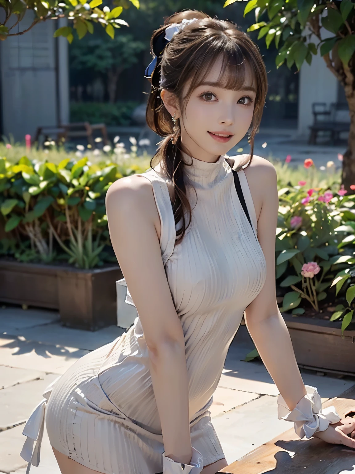 ((((Highest quality))))、(((Ultra-precision CG16K wallpaper)))、(((masterpiece)))、(((Super detailed)))、(((Extreme detail)))、((１Mature 2 woman:1.6))、((Very beautiful Japan face of a person))、((Urizane Face:1.8))、((Ponytail Medium Hair、blunt bangs:1.6))、(Shiny Hair)、Beautiful face depicted in detail、(Detailed eyes、Shining black eyes)、double eyelid、High nose、Small nostrils、Small Mouth、Seductive lips、Beautiful breasts、((B cup size breasts))、Beautiful feet、((Thin thighs))、eight-headed body、Perfect proportions、Perfect Anatomy、Perfect composition、Beautiful detailed shading、Beautiful, natural lighting、Beautiful detail glow、Depth of written boundary、(((High chroma)))、(((Real:1.9)))、((vivid:1.5))、((Beautiful Skin))、((Skin Texture))、((Realな皮膚感))、(((Cowboy Shot:1.6)))、(((front view、shoot from front、front low angle:1.6)))、(((Half-open mouth、smile:1.6)))、(((looking at camera:1.6)))、Bright daylight、Natural light、(((background_garden:1.5)))、(Standing Pose:1.6)、(((Brown sleeveless high neck ribbed knit mini dress:1.6)))、((Scrunchie Ribbon、Wearing earrings:1.5))、
