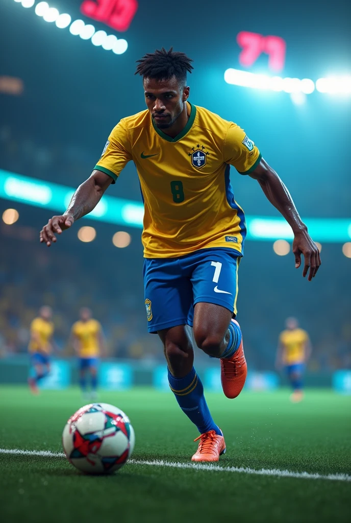 “3D CGI render, hyper-realistic, ultra-detailed, Brazilian soccer player mid-action, wearing a vibrant uniform. The scene is set under neon lights with phosphorescent accents, creating a glowing silhouette effect. The player is captured in an intense moment, with the ball in motion. The background is a blurred stadium with vivid neon colors illuminating the scene, creating a futuristic, energetic atmosphere. Cinematic lighting and dynamic composition enhance the sense of movement and power.”