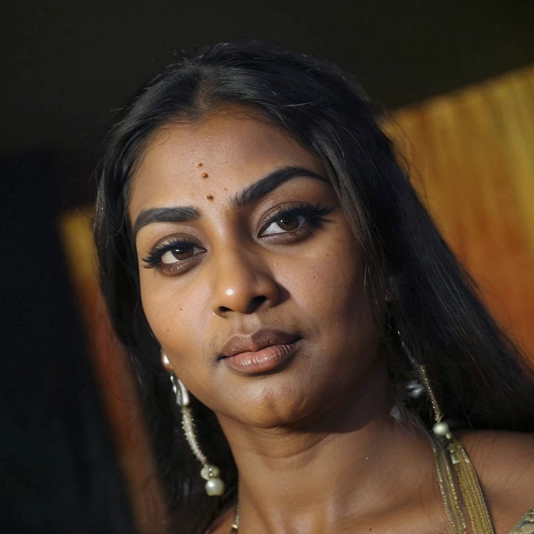 Woman,Tamil aunty,dark skin,Busty,Makeup,Open mouth,Busty lips,Long eyelashes,Beauty face,Large ass,Thick thighs,Hair bun,Messy hair,Blonde hair,Many people,Seductive smirk,Thick eyebrows,Horny face,Mistress costume,40 Years old, Aunty, sari, saree