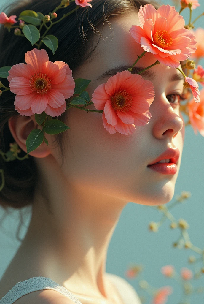 woman with flowers covering half her face