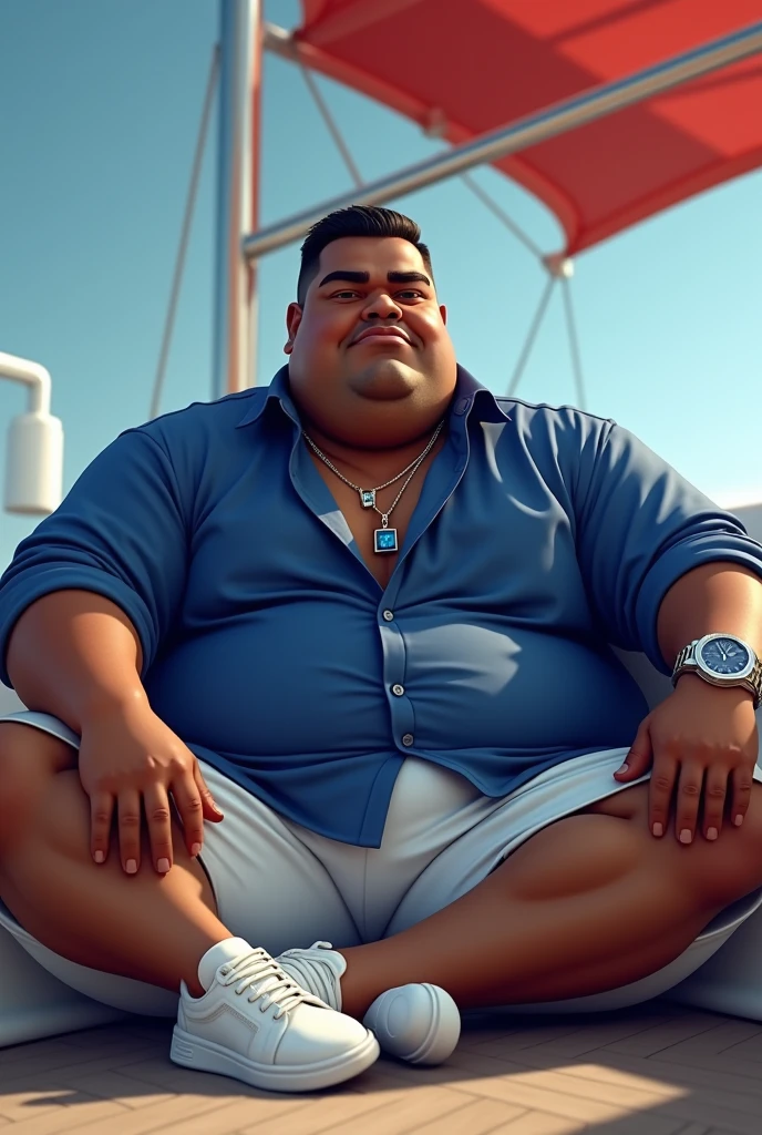 "An overweight man with a rich, medium to dark brown skin tone, 175cm tall, 125kg, with thick, defined eyebrows, full lips, short black hair, and small hands. He is sitting on a luxurious yacht. The man is wearing a loose, deep blue shirt that matches the shade of the blue provided in the reference image, white shorts that match the white leather Alexander McQueen oversized sneakers. He also has a silver necklace with a small rectangular blue gemstone pendant and a Patek Philippe Nautilus watch with a blue platinum dial. The setting is luxurious, with vibrant and rich colors, emphasizing an atmosphere of wealth and sophistication."
