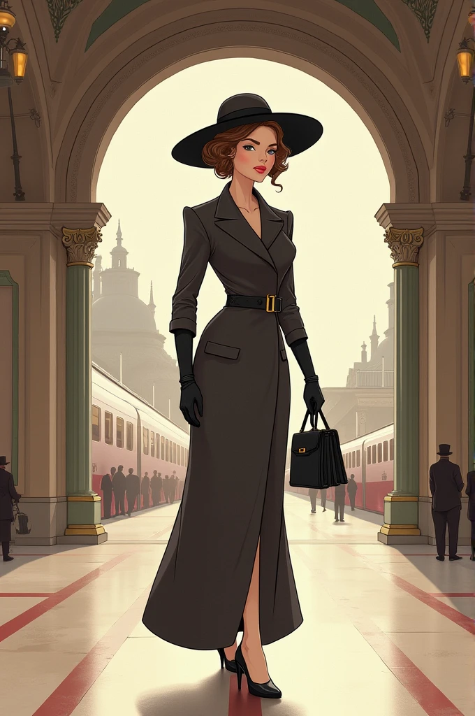 An easy to draw picture of a very elegant lady at a train station